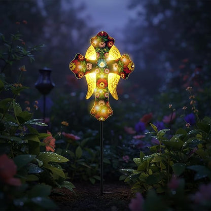 Solar Cross Lights with Angel Wings, Pink and Gold Floral Design, Memorial Garden Stake, Warm White LED, Weather Resistant, 36 Inch