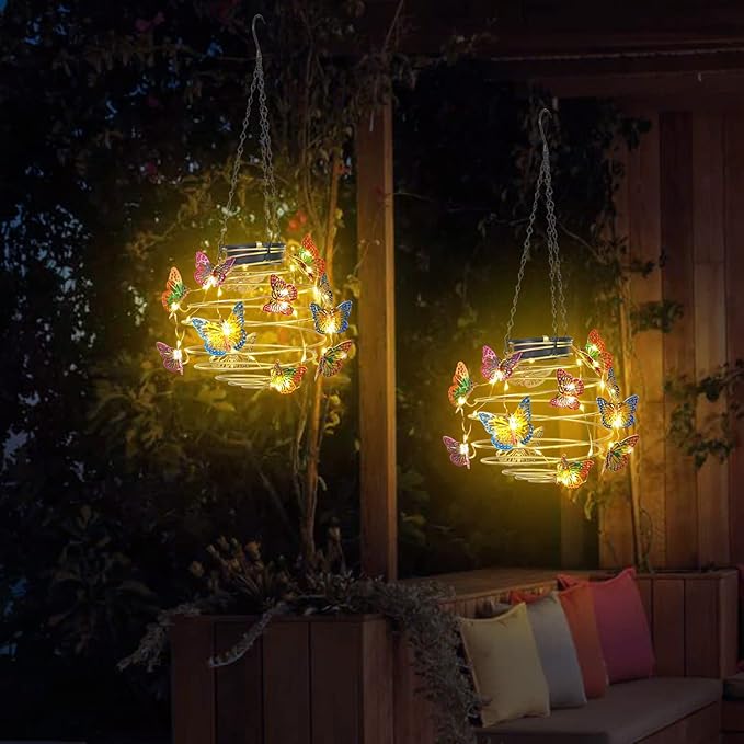 2 Pack Butterfly Solar Lights Outdoor Hanging Lantern with Handle, Solar Powered Butterflies Garden Decor for Outside Patio Yard Porch Pathway Butterfly Gifts for Women (Warm White LED Lights)