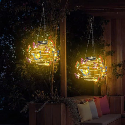 2 Pack Butterfly Solar Lights Outdoor Hanging Lantern with Handle, Solar Powered Butterflies Garden Decor for Outside Patio Yard Porch Pathway Butterfly Gifts for Women (Warm White LED Lights)