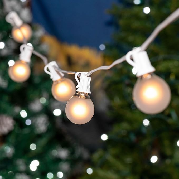 G50 Patio String Lights with 25 Frosted White Globe Bulbs – Wedding Outdoor String Lights – Market Bistro Café Hanging String Lights – Patio Garden Umbrella Globe Lights - White Wire - 25 Feet