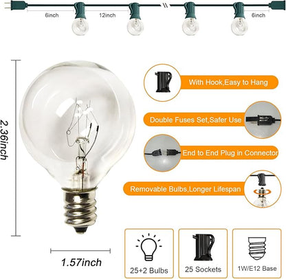 Outdoor String Lights 25 Ft G40 Patio Lights with 27 Edison Incandescent Bulbs,Weatherproof Connectable Hanging Christmas Lights for Backyard Porch Balcony Party Garden, Lawn Decor, Green Wire