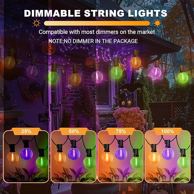 LAMPHOME Globe Outdoor Halloween String Lights, 26FT Patio Lights with 12+1Edison Shatterproof Bulbs(1Spare), connectable Dimmable for Backyard Porch Decor,Orange Green Purple