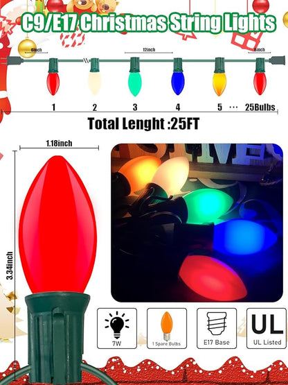 C9 Multicolor Christmas Lights, 25Ft Vintage Christmas Lights with 26 Ceramic Colorful Bulbs, Hanging Connectable Christmas String Lights for Patio Garden Holiday Home Xmas Decor