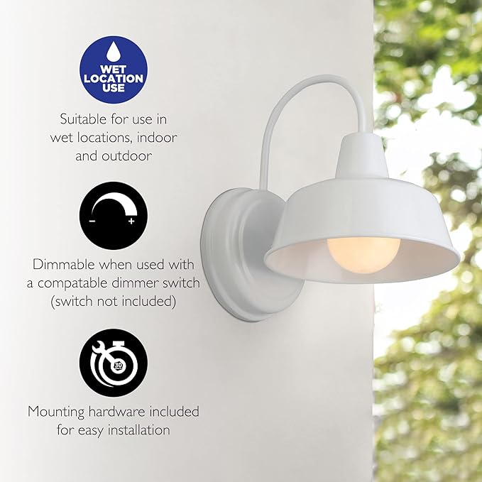 Design House Mason Farmhouse Gooseneck Barn Light, Outdoor Exterior Porch or Patio Wall Light Fixture, White, 8 Inch Diameter, 1-Pack, 579359