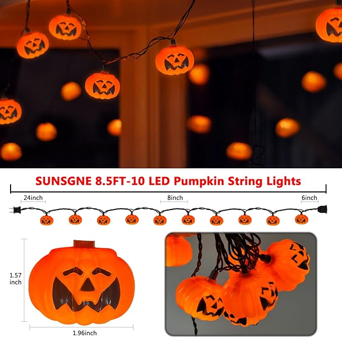 SUNSGNE Halloween Pumpkin String Lights 8.5ft Orange Hanging Decorative String Lights with 10 LED Pumpkin for Indoor Outdoor Halloween Party Window Bedroom Decor