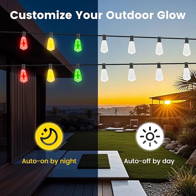 Auroraworld 35FT Outdoor String Lights: Dimmable, RGB Color-Changing Patio Lights with Remote, 15 Shatterproof Bulbs Perfect for Weddings, Backyards