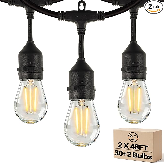 Outdoor String Lights,Super Bright LED - 96FT 30 S14 Bulbs(2 Spare), IP65 Waterproof, Commercial Grade & Shatterproof, Dimmable, UL Listed for Patio, Porch, Backyard, Gazebo (2 Pack 48FT)