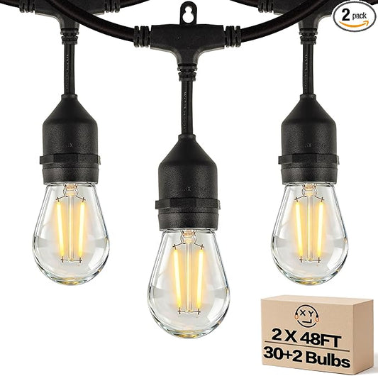 Outdoor String Lights,Super Bright LED - 96FT 30 S14 Bulbs(2 Spare), IP65 Waterproof, Commercial Grade & Shatterproof, Dimmable, UL Listed for Patio, Porch, Backyard, Gazebo (2 Pack 48FT)
