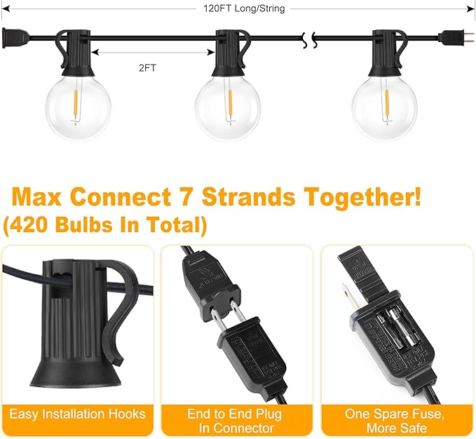 Bosceos 120FT Outdoor G40 LED Globe String Lights Dimmable Waterproof Shatterproof Light Strings with 60 Bulbs | Lumora