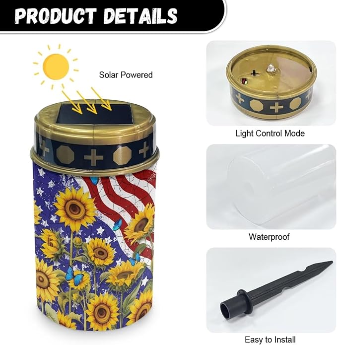 Generic American Flag Print Solar Light Outdoor 4th of July Solar Garden Light Sunflower Solar Light Landscape Path Light for Yard Patriotic Solar Light