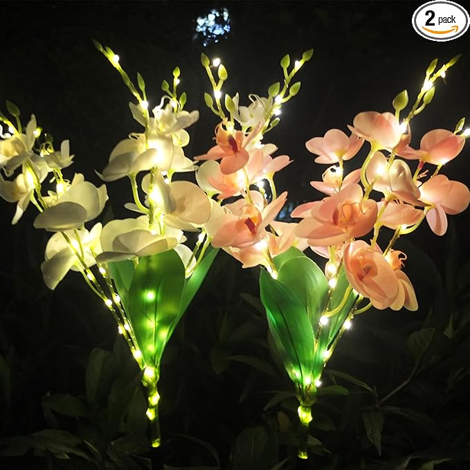 Solar Flower Lights, 2 Pack Solar Flowers with Pink & White Orchids, Solar Outdoor Lights, Waterproof Solar Garden Lights for Yard, Patio, Pathway, Lawn, Flowerbed, Grave, Cemetery Decor
