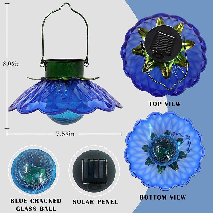 XUWEN Solar Lights Outdoor Waterproof - Blue Solar Flower Lights with Crackle Globe Glass Light, Hanging Lanterns | Lumora