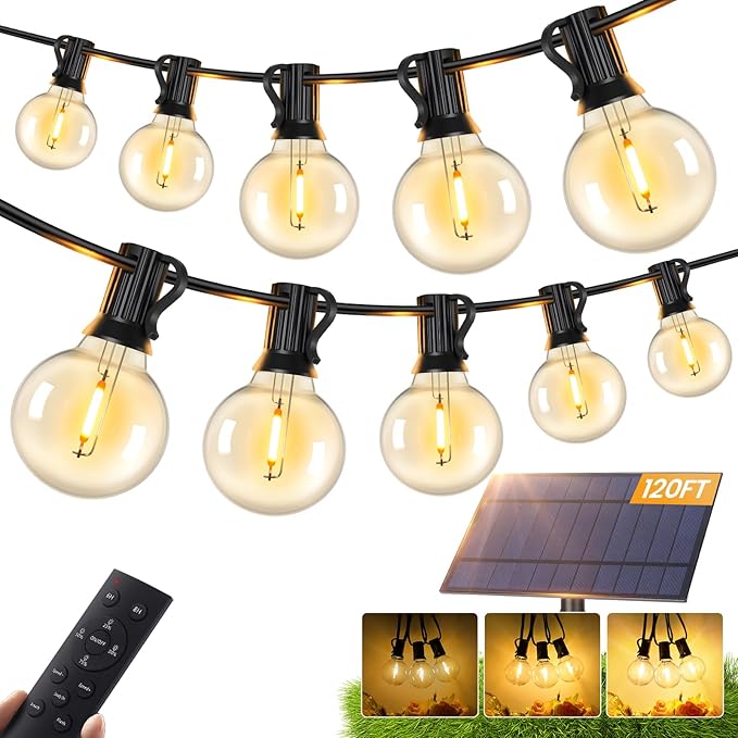 Brightever 120FT Solar String Lights Outdoor with Remote, Waterproof Dimmable 3 Modes Outdoor Lights with 50+2 LED Shatterproof G40 Bulbs, Solar Power Patio Lights for Outside Wedding Party Decor