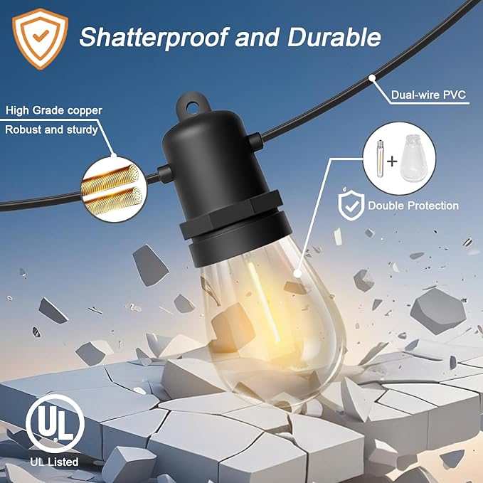 Commercial Grade LED String Lights 10 Shatterproof LED Bulbs, IP65 Waterproof & Dimmable Warm White,Black Wire,Outdoor Hanging Lights for Patio, Wedding, Cafe, Backyard Decor (30FT)