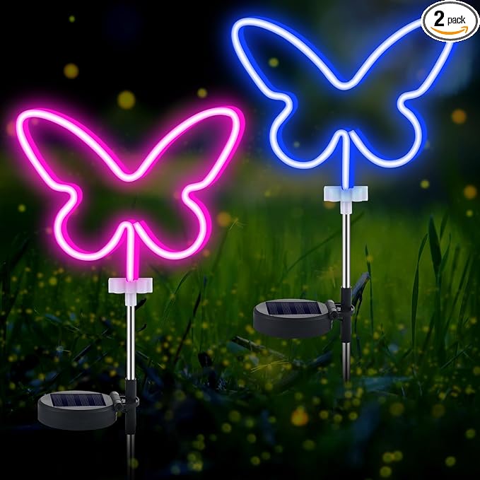 2 Pcs Butterfly Solar Lights Outdoor Decor Butterfly Neon Lights Yard Solar Lights for Outside Waterproof Decorations with Stake for Garden Patio Yard Pathway Decoration Gardening Gifts