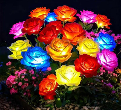 Solar Garden Rose Lights, 2 Pack MostRealistic 12 LED Flower Stake Lights, IP65 Waterproof 7 Color Changing Solar Decor for Walkway/Graveyard, Heartwarming Gifts for Grandma & Mom,Red