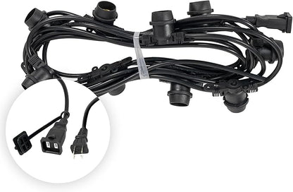 15-ft 10 Socket E26 Commercial Patio Light Stringer, Heavy Duty Weatherproof SJTW Black Wire, 18" Spacing, 16 AWG, Cord Only