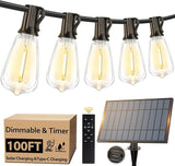 100FT Outdoor Solar String Lights with Remote, USB Rechargeable LED Patio Lights with 52 Timer Dimmable ST38 Edison | Lumora