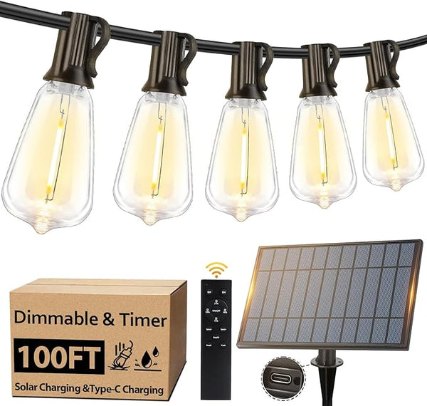 100FT Outdoor Solar String Lights with Remote, USB Rechargeable LED Patio Lights with 52 Timer Dimmable ST38 Edison | Lumora