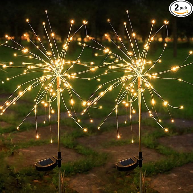 Solar Firework Lights, 2 Pack 120 LED Solar Garden Stake Lights for Outdoor Patio Lawn Decor (Warm White)