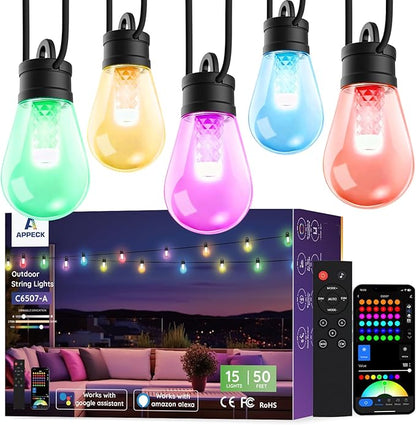 APPECK Outdoor String Lights, 50ft Smart RGBW Outdoor Patio Lights with 15 LED Bulbs, Extendable, 111 Scene Modes, IP65 Waterproof Lighting for Outside, Halloween Decor, Compatible with Alexa