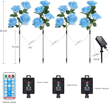Solar Rose Lights Outdoor, 4 Pack Solar Flower Garden Lights with Remote Control, 8 Modes, Waterproof Solar Powered Garden Decorations for Yard, Pathway, Flowerbed, Patio, Christmas