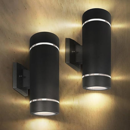 ASD 2 Light LED Indoor & Outdoor Wall Light Fixture | 18W 1180LM 3000K-5000K 100-277V Cylinder Up Down Lights | Dimmable Exterior Wall Sconce | Front Door, Porch, Patio | Ringed Black, ETL 2 Pack