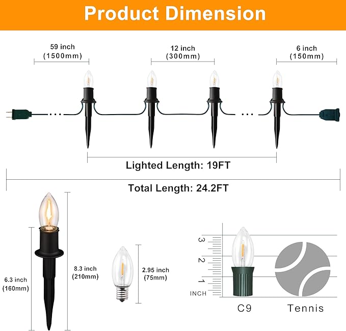 Christmas Pathway LED Lights Outdoor, 20 Lights C9 Walkway Lights with Stakes, 24.2ft Clear Driveway Christmas Lights for Pathway, Warm White, Extendable for Outdoor Decorations