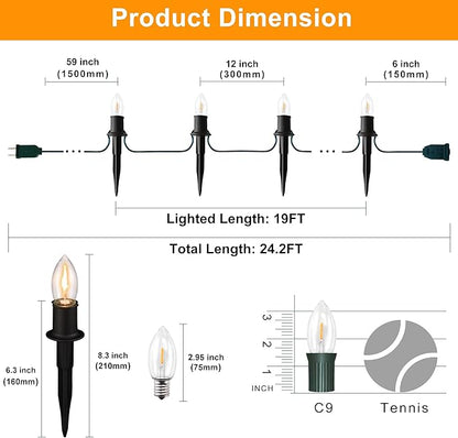 Christmas Pathway LED Lights Outdoor, 20 Lights C9 Walkway Lights with Stakes, 24.2ft Clear Driveway Christmas Lights for Pathway, Warm White, Extendable for Outdoor Decorations
