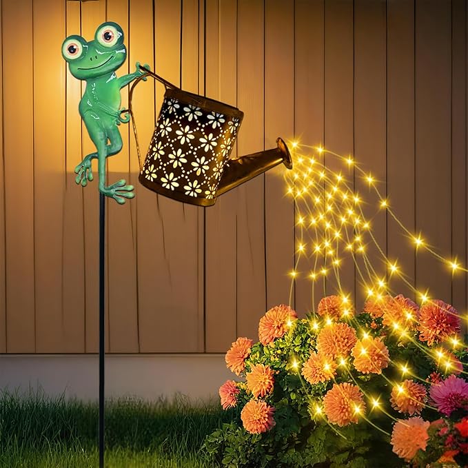 Solar Watering Can with Cascading Lights Outdoor Garden Decor, Frog Shaped Hook Gardening Gifts for Mom Women | Lumora