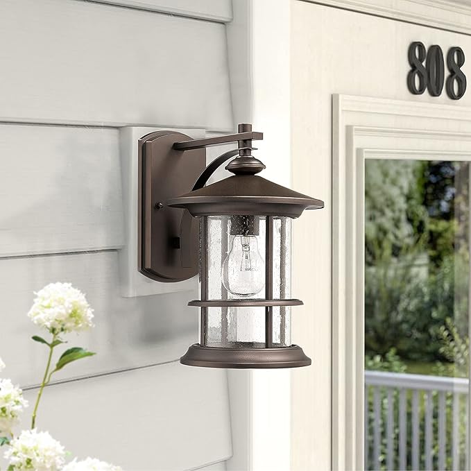 MICSIU 12.5-Inch Large Outdoor Wall Light, Oil Rubbed Bronze Exterior Sconce with Clear Seedy Glass, Anti-Rust Farmhouse Porch Light for Front Door, Garage, 1-Pack (Max 100W)