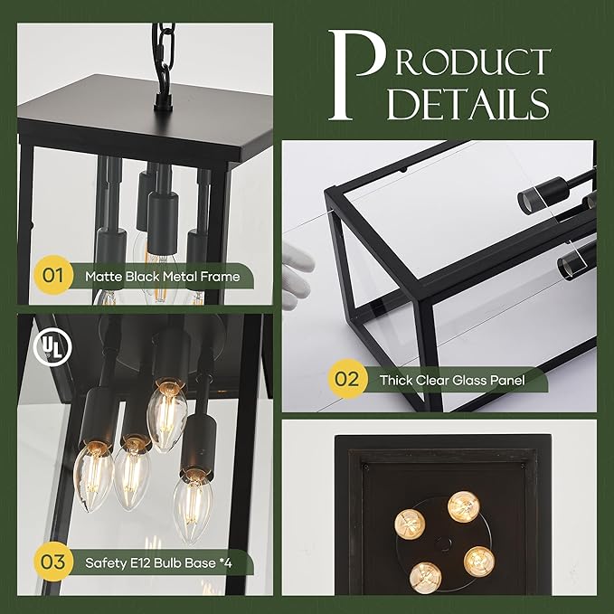10" Modern 4-Light Exterior Black Square Lantern Pendant Light Fixture with Clear Glass Industrial Hanging Cage | Lumora