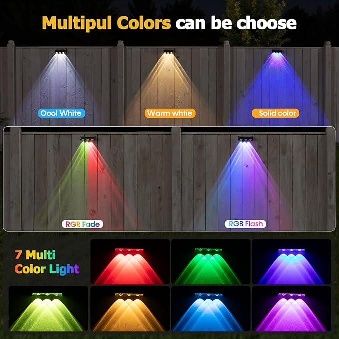 NIORSUN Solar Fence Lights,12 Pack Solars Deck Light,RGB Color,Outdoor Bulb Waterproof Led IP65,Power Patio Lamp with Lenses for Outside/Backyard/Railing/Yard(Black)