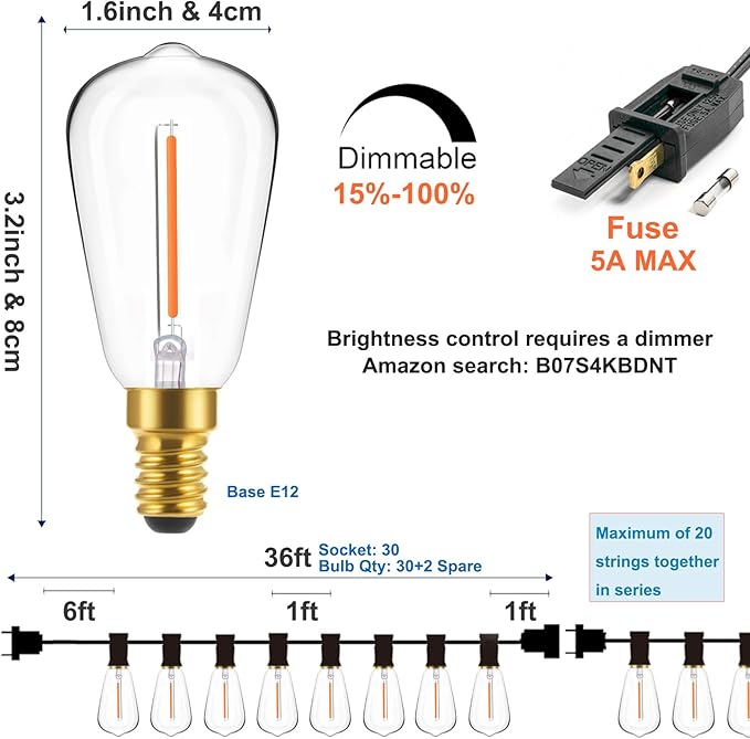 Outdoor String Lights 36ft with LED Filament Bulbs 30+2(Spare) Dimmable Shatterproof Waterproof, for Indoor/Outdoor Decoration and Lighting, Edison Vintage Style Warm 2200K