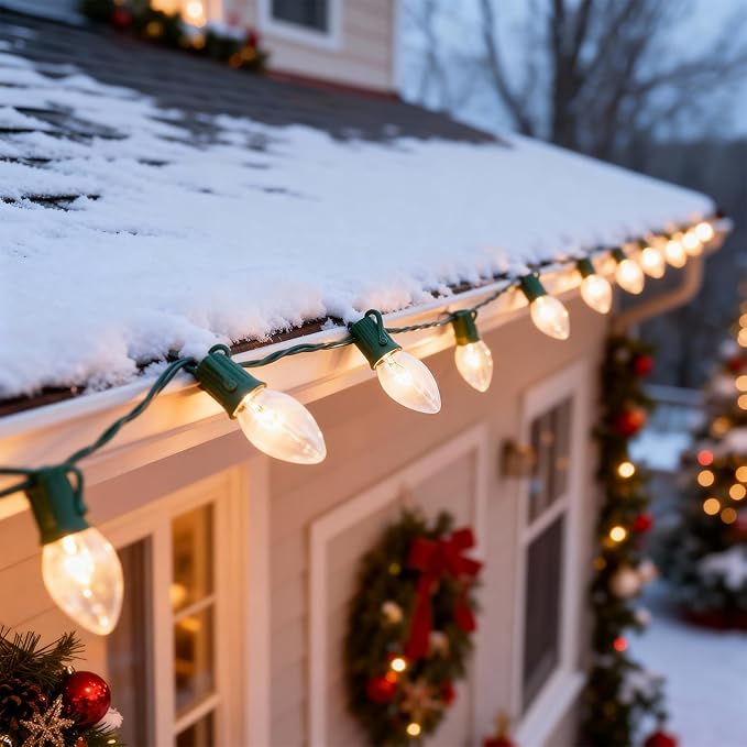 25FT C9 Warm White Christmas Lights, Vintage Outdoor String Lights for Tree, Patio, Garden, and Holiday Decorations, Clear Incandescent Bulbs, Connectable, Indoor & Outdoor Use