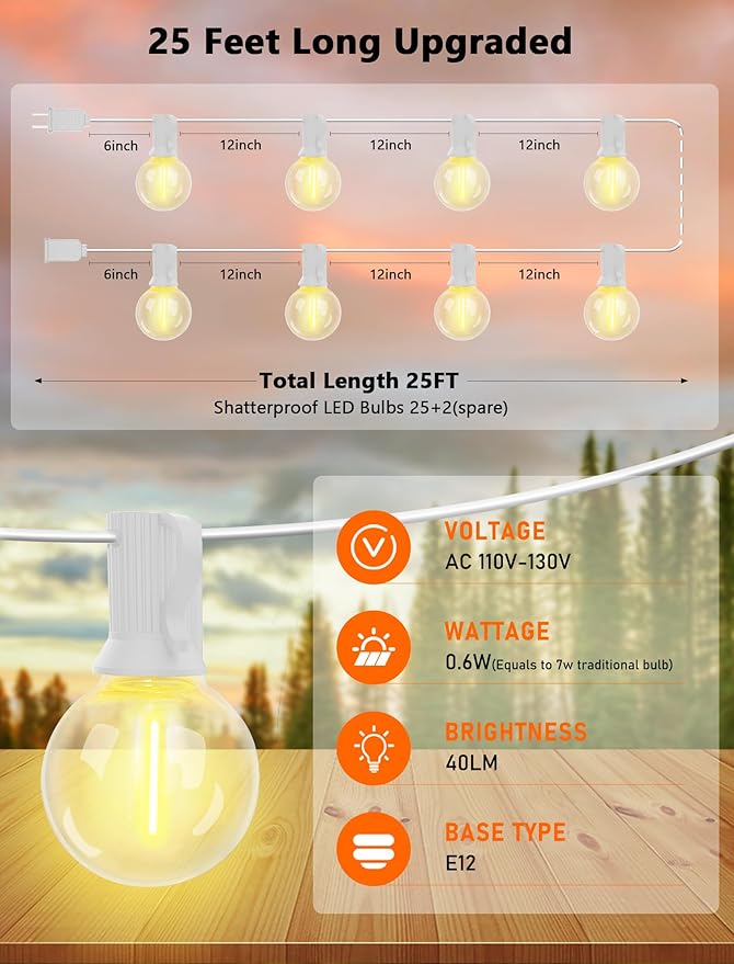 25Ft LED String Lights Outdoor, G40 Globe Patio Lights with 27 Shatterproof LED Bulbs, Waterproof Dimmable Hanging | Lumora