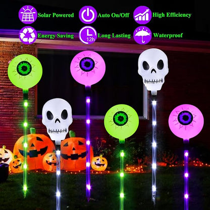 Halloween Decorations Outdoor Solar Garden Lights,6 Pack Scary Eyeball Skull Outside Decor,8 Modes Solar Halloween Lights for House Grave Patio Yard Lawn Pathway Halloween Party Ghost Decor