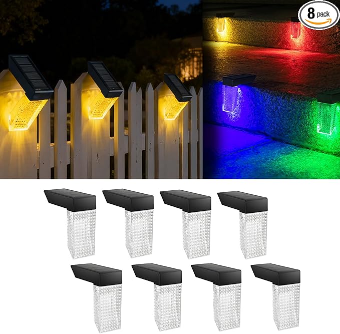 Solar Lights Outdoor 8 Pack: IP68 Waterproof Snow-Resistant for Stairs, Deck, Garden,Step,Wall,Fence, Railing,Pathway.Warm White & RGB Color Changing