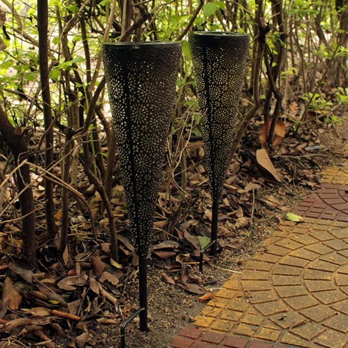 Waterproof LED Lawn Light Outdoor Solar Garden Path Light Hollow Cone Shape with Ground Stake for Yard and Home Landscaping