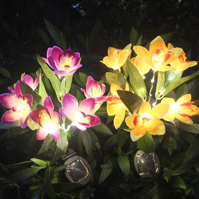 Solar Flower Lights, 2 Pack Solar Flowers with 14 Blooming Purple & Yellow Orchids, Waterproof Outdoor Decorative Lights for Garden, Yard, Patio, Pathway, Lawn, Flowerbed, Grave, Cemetery Decor
