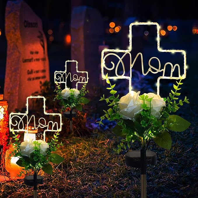 Lmtocs Grave Decorations for Cemetery Mom, Memorial Sympathy Gifts for Mom Cemetery Decorations, Waterproof Solar Cross Lights with Rose Flower for Christmas Mother Day Memorial Day Decor