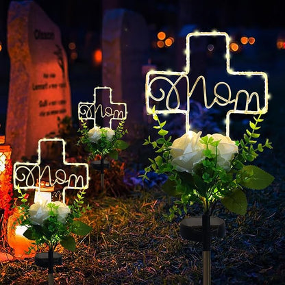 Lmtocs Grave Decorations for Cemetery Mom, Memorial Sympathy Gifts for Mom Cemetery Decorations, Waterproof Solar Cross Lights with Rose Flower for Christmas Mother Day Memorial Day Decor