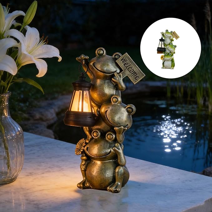 Solar Powered Frog Garden Decor with Lantern, 11.6 Inch Cute Outdoor Frog Statue LED Light – Automatic Solar Light | Lumora