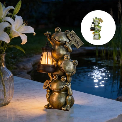 Solar Powered Frog Garden Decor with Lantern, 11.6 Inch Cute Outdoor Frog Statue LED Light – Automatic Solar Light for Garden, Pond, Patio & Pathway Decoration,Green