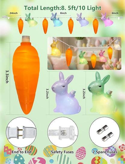 Easter Multicolor Rabbit and Carrot String Lights, 8.5Ft Plug in Spring Decorations String Lights with 10 LED Bunny and Corrt Lights for Easter Party Spring Home Garden Patio Indoor Outdoor Decor
