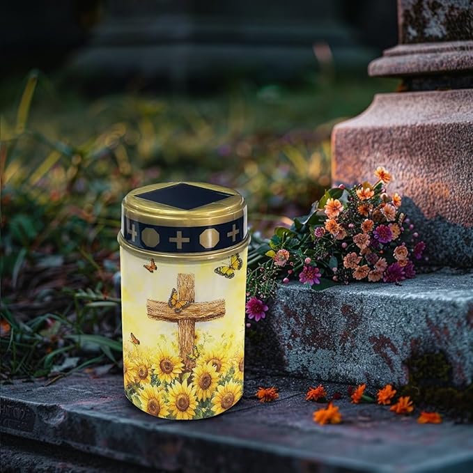 Solar Lights Outdoor Waterproof Cross Sunflower Print Cemetery Garden Lights for Grave Flameless Lamp Candles for Outdoor Decoration