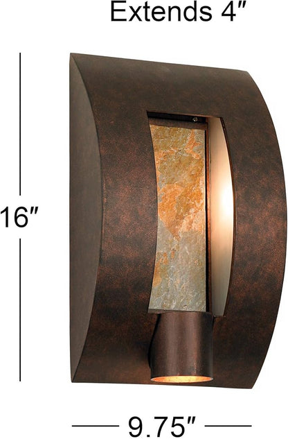 Franklin Iron Works Framed Slate 16" High Modern Outdoor Wall Light Fixture Mount Porch House Exterior Outside 3-Light Weatherproof Stone Bronze Finish Metal Front Door Patio Garage Home Deck