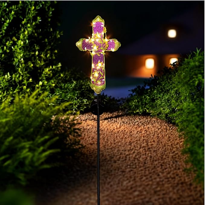 Solar Cross Stake for Cemetery Grave, Memorial Grave Decoration with Flowers and LED Light, Outdoor Solar Cross for Lawn Garden Pathway Decor (Fuchsia)