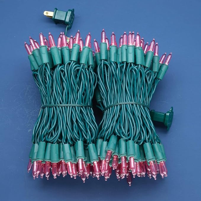 200 Count Pink LED Christmas Lights, 66 ft Green Wire UL Certified Commercial Grade Holiday String Light Set (Pink)