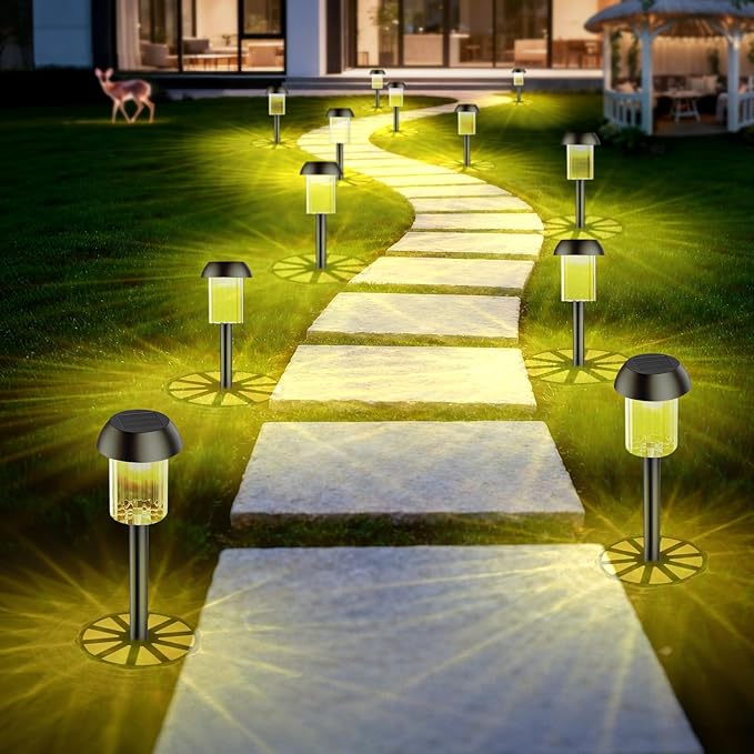 2 Pack Solar Pathway Lights Outdoor, New Upgraded Waterproof LED Lights, 3 Variants (Warm White/Golden/7-Color Slow Flash) with Unique Lamp Shade Patterns, for Garden (2-Pack Golden Light)